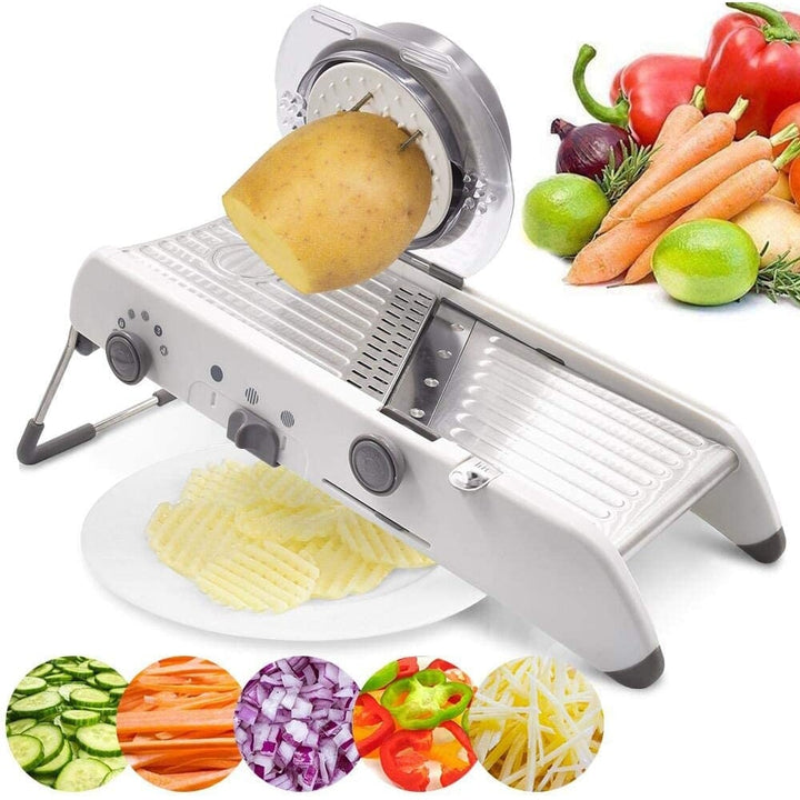 "Mandoline Gemüseschneider mit verstellbaren Edelstahlklingen, ideal für präzises Schneiden von Gemüse in unterschiedlichen S