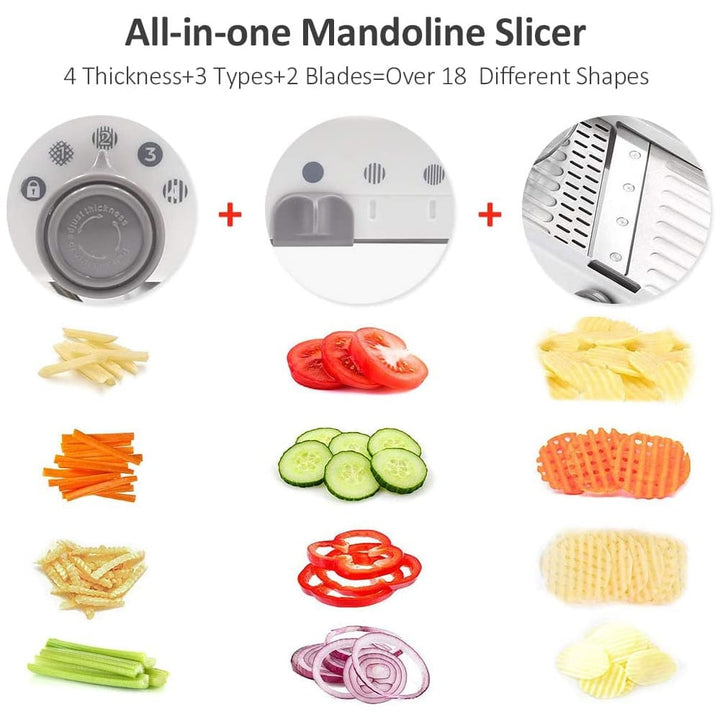 "Mandoline Gemüseschneider mit verstellbaren Edelstahlklingen, ideal für präzises Schneiden von Gemüse in unterschiedlichen S
