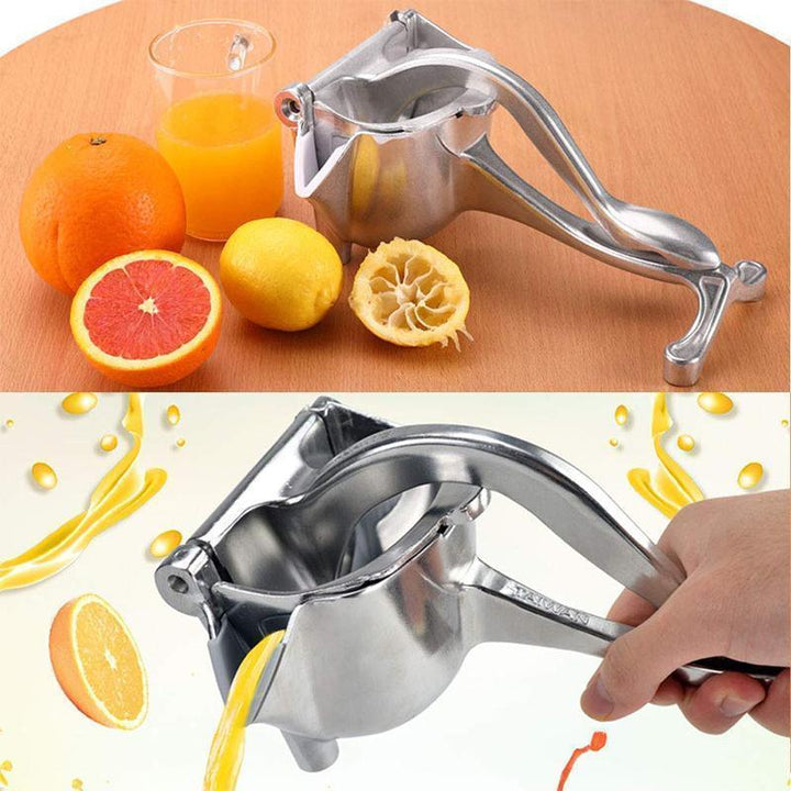 Manuelle Edelstahl-Fruchtsaftpresse mit ergonomischem Griff, kompakt und stilvoll, für hohe Saftausbeute auf Arbeitsflächen.