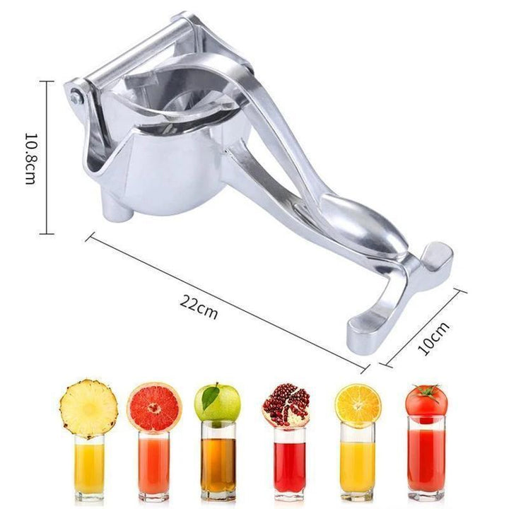 Manuelle Edelstahl-Fruchtsaftpresse mit ergonomischem Griff, kompakt und stilvoll, für hohe Saftausbeute auf Arbeitsflächen.