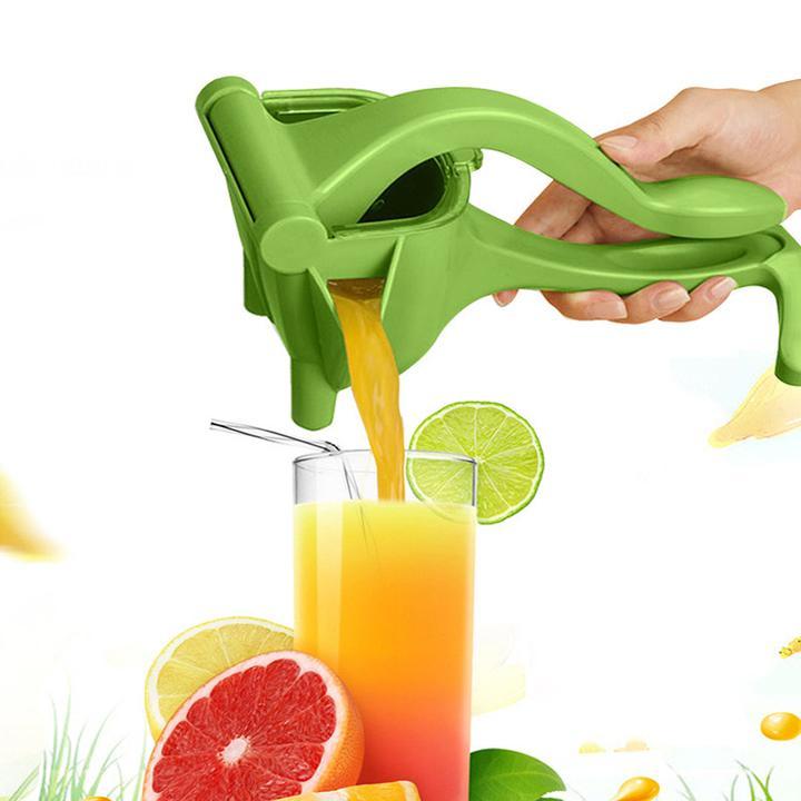 Manuelle Edelstahl-Fruchtsaftpresse mit ergonomischem Griff, kompakt und stilvoll, für hohe Saftausbeute auf Arbeitsflächen.