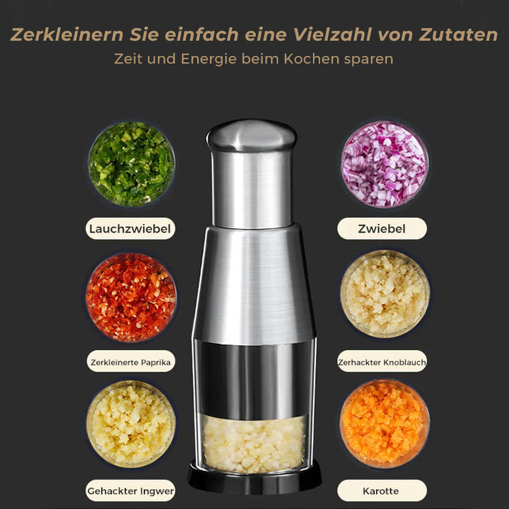 "Manueller Knoblauchhacker aus Edelstahl, Pressstil, mit scharfer Klinge, ideal zum Zerkleinern von Knoblauch und Gemüse."