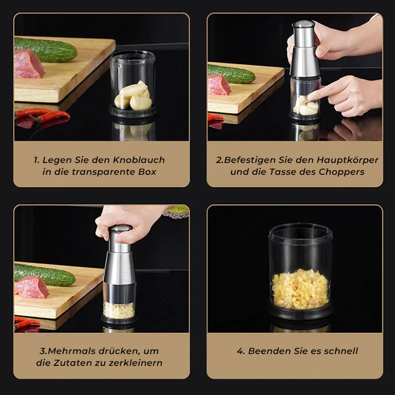 "Manueller Knoblauchhacker aus Edelstahl, Pressstil, mit scharfer Klinge, ideal zum Zerkleinern von Knoblauch und Gemüse."