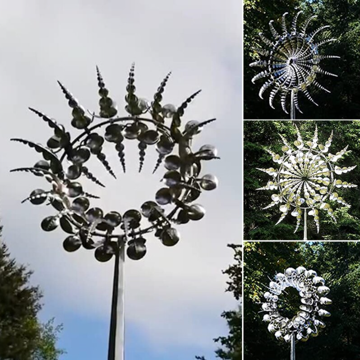"Metallische Windmühle im Garten mit Zweiflügel-Technologie, sorgt für dynamischen visuellen Effekt und Atmosphäre."