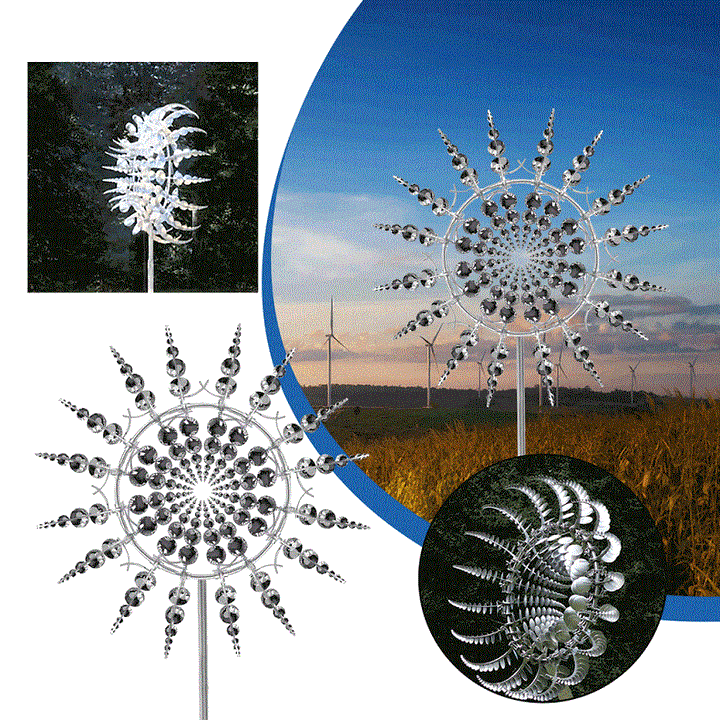 "Metallische Windmühle im Garten mit Zweiflügel-Technologie, sorgt für dynamischen visuellen Effekt und Atmosphäre."