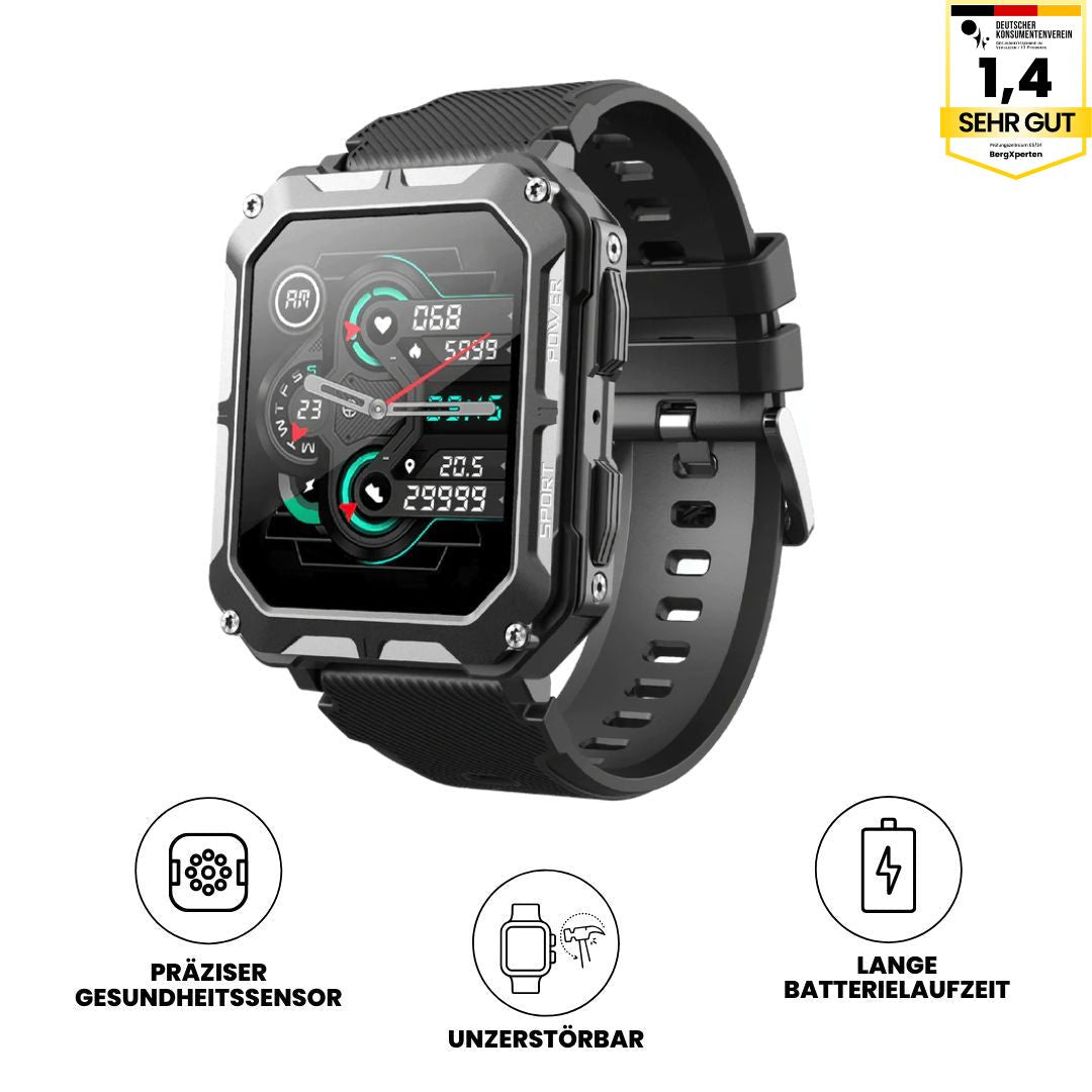 Militär-Smartwatch mit Metalllünette, robustem Design, Gorilla Glass und Gesundheitsüberwachung in wilder Umgebung.