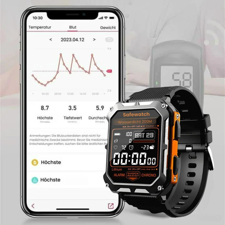 "Militärische Smartwatch mit robustem Titangehäuse und Full-Metal Bezel, ideal für extreme Bedingungen und Gesundheitsüberwac