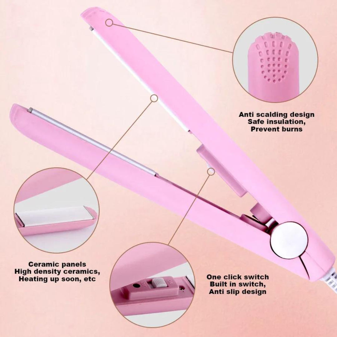 "MiniCurler 2-in-1 Keramischer Locken- und Glätteisen in Lila, kompakt, ergonomisch, schnelles Styling für unterwegs."