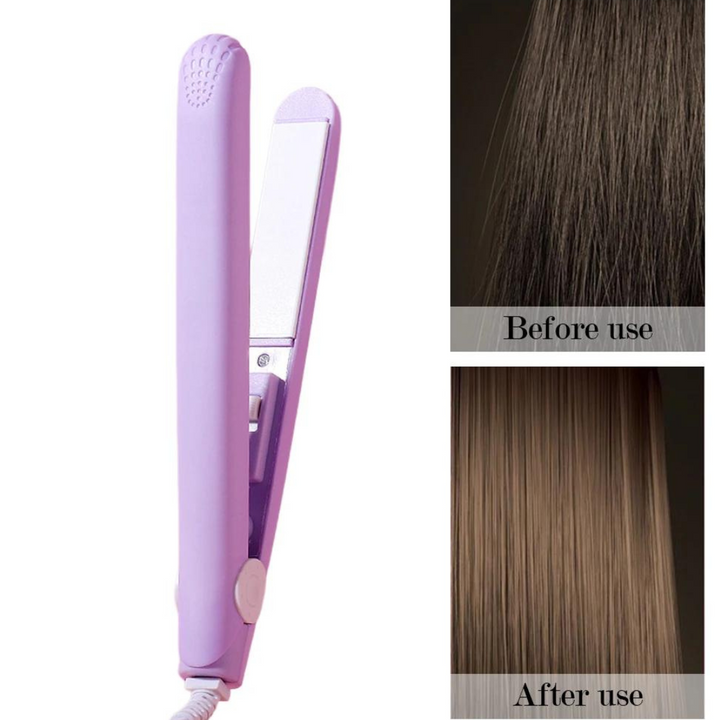 "MiniCurler 2-in-1 Keramischer Locken- und Glätteisen in Lila, kompakt, ergonomisch, schnelles Styling für unterwegs."