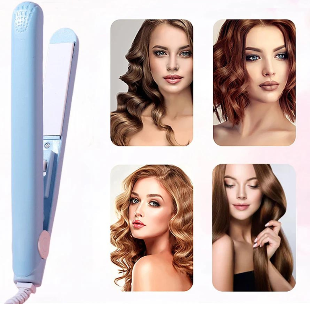 "MiniCurler 2-in-1 Keramischer Locken- und Glätteisen in Lila, kompakt, ergonomisch, schnelles Styling für unterwegs."