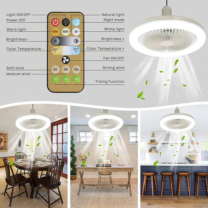 "Moderne Deckenventilator mit Licht, Fernbedienung, einfache Montage, schlankes Design, Vorderansicht im Raum."