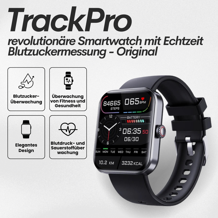 "Moderne Gesundheits-Smartwatch mit Echtzeit-Blutzuckermessung, stilvollem Design und wasserdichtem Gehäuse."