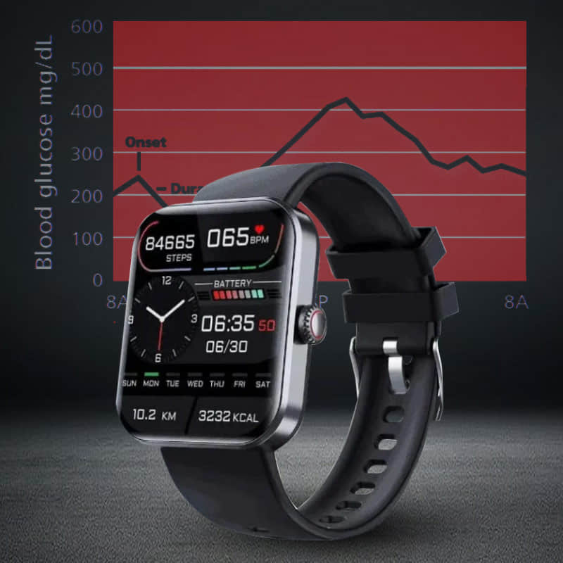 "Moderne Gesundheits-Smartwatch mit Echtzeit-Blutzuckermessung, stilvollem Design und wasserdichtem Gehäuse."