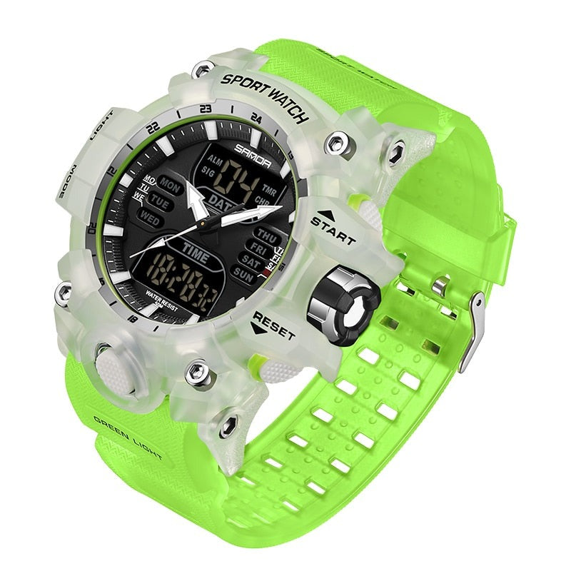 Moderne Herren-Sportuhr mit LED-Display, wasserdicht, in Grau, ideal für Fitness-Tracking und stilvolle Abenteurer.