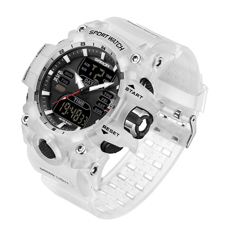 Moderne Herren-Sportuhr mit LED-Display, wasserdicht, in Grau, ideal für Fitness-Tracking und stilvolle Abenteurer.