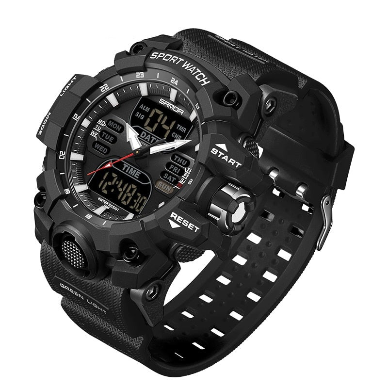 Moderne Herren-Sportuhr mit LED-Display, wasserdicht, in Grau, ideal für Fitness-Tracking und stilvolle Abenteurer.