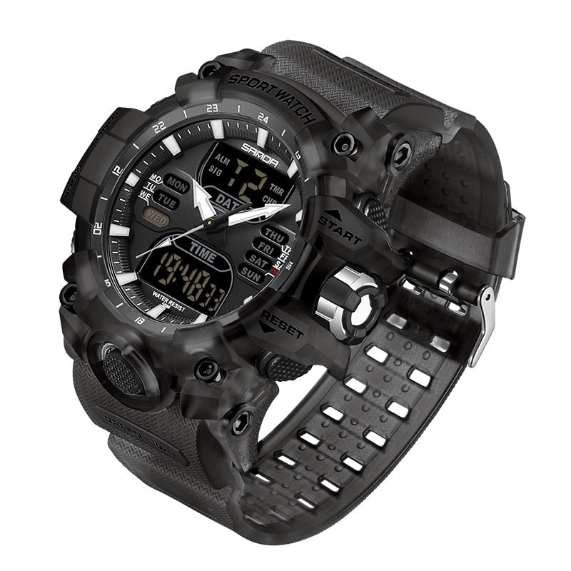 Moderne Herren-Sportuhr mit LED-Display, wasserdicht, in Grau, ideal für Fitness-Tracking und stilvolle Abenteurer.