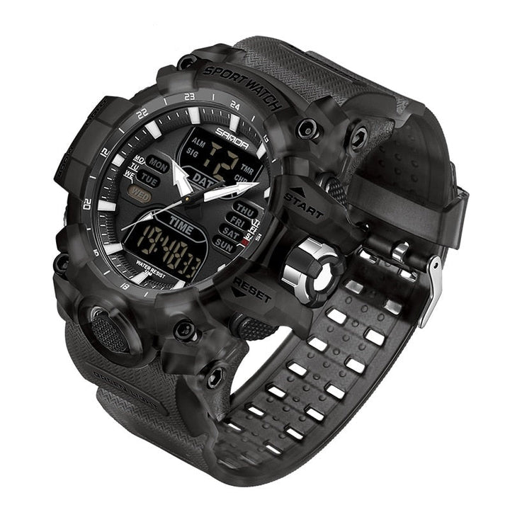 Moderne Herren-Sportuhr mit LED-Display, wasserdicht, in Grau, ideal für Fitness-Tracking und stilvolle Abenteurer.