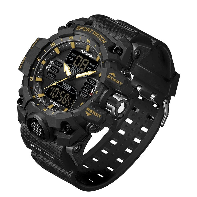 Moderne Herren-Sportuhr mit LED-Display, wasserdicht, in Grau, ideal für Fitness-Tracking und stilvolle Abenteurer.