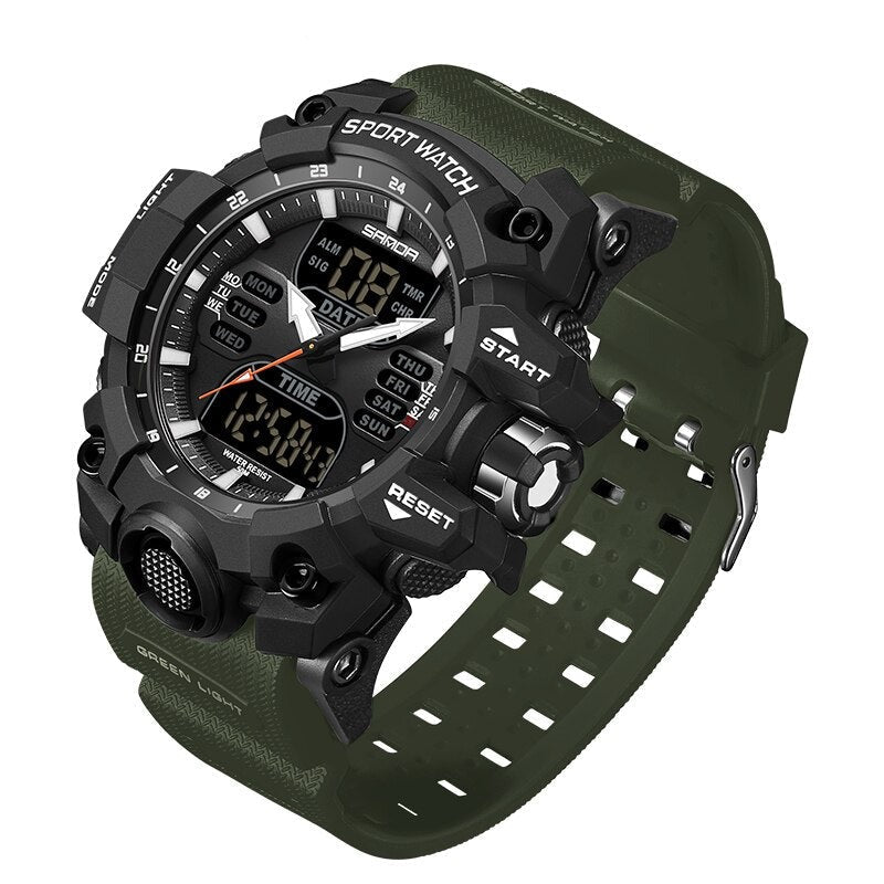Moderne Herren-Sportuhr mit LED-Display, wasserdicht, in Grau, ideal für Fitness-Tracking und stilvolle Abenteurer.
