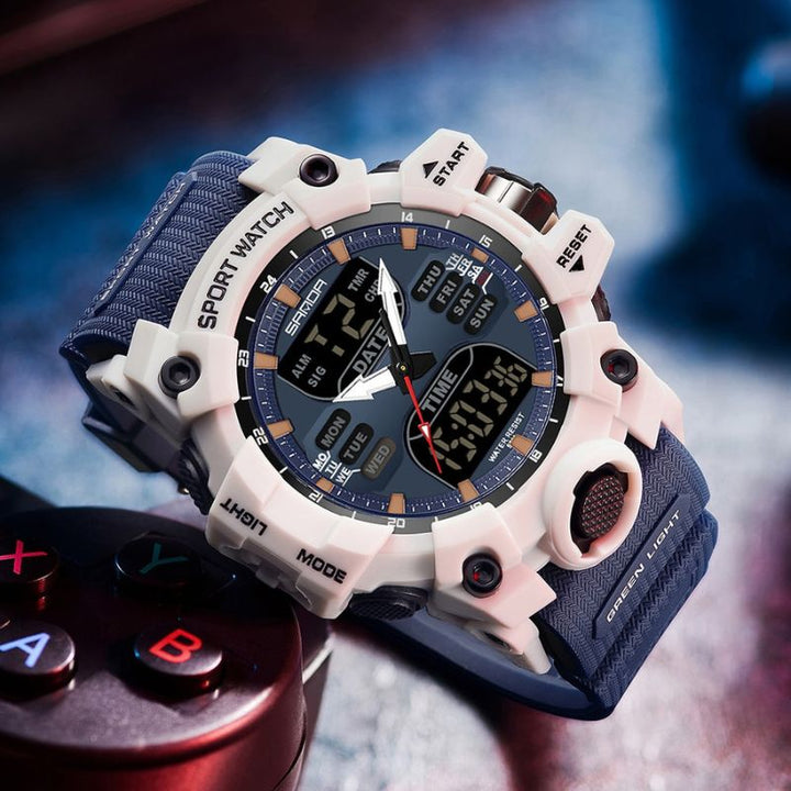 Moderne Herren-Sportuhr mit LED-Display, wasserdicht, in Grau, ideal für Fitness-Tracking und stilvolle Abenteurer.