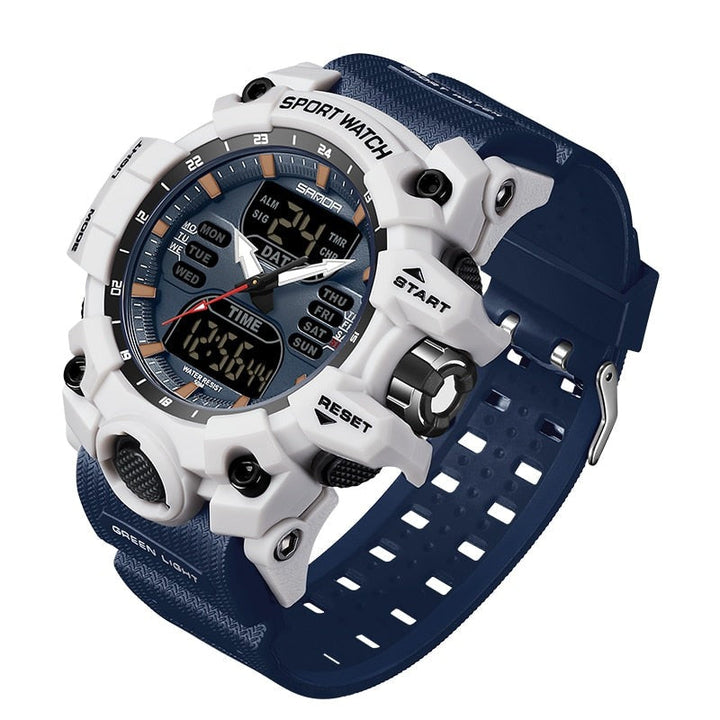 Moderne Herren-Sportuhr mit LED-Display, wasserdicht, in Grau, ideal für Fitness-Tracking und stilvolle Abenteurer.