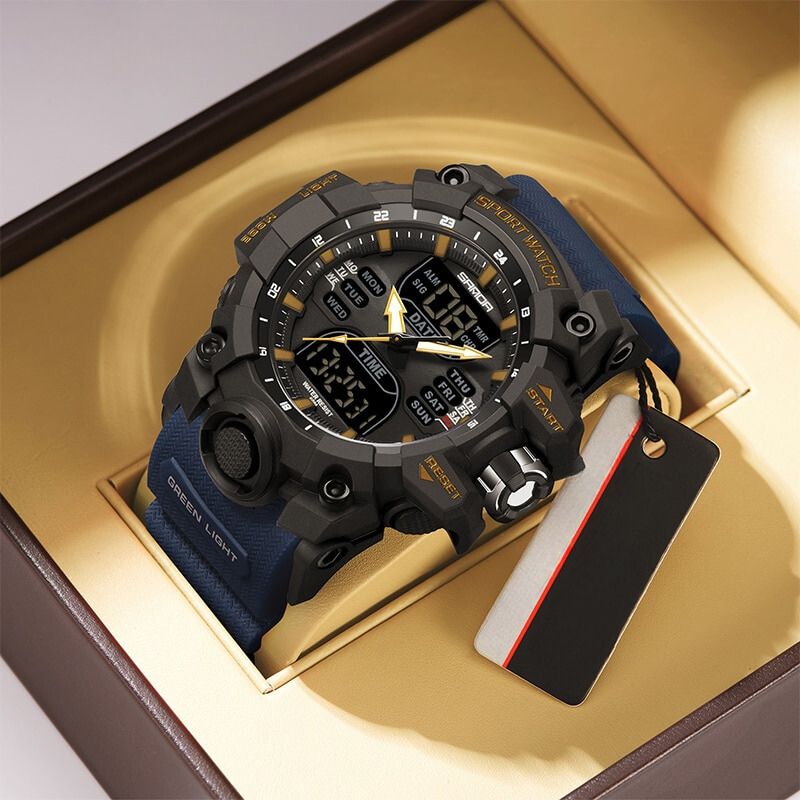 Moderne Herren-Sportuhr mit LED-Display, wasserdicht, in Grau, ideal für Fitness-Tracking und stilvolle Abenteurer.
