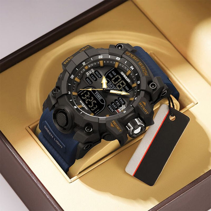 Moderne Herren-Sportuhr mit LED-Display, wasserdicht, in Grau, ideal für Fitness-Tracking und stilvolle Abenteurer.