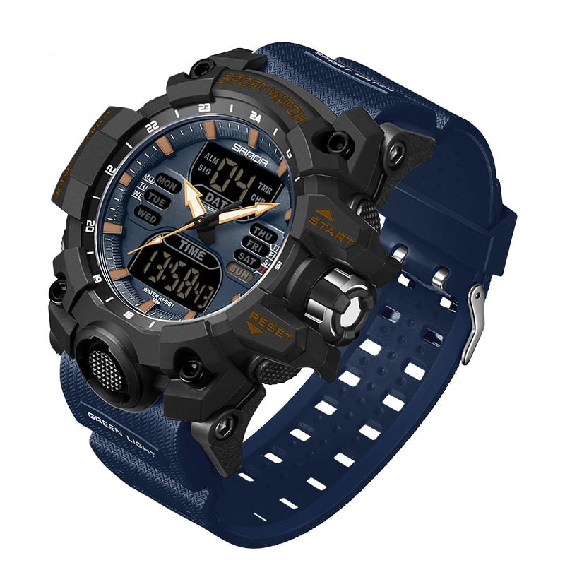 Moderne Herren-Sportuhr mit LED-Display, wasserdicht, in Grau, ideal für Fitness-Tracking und stilvolle Abenteurer.