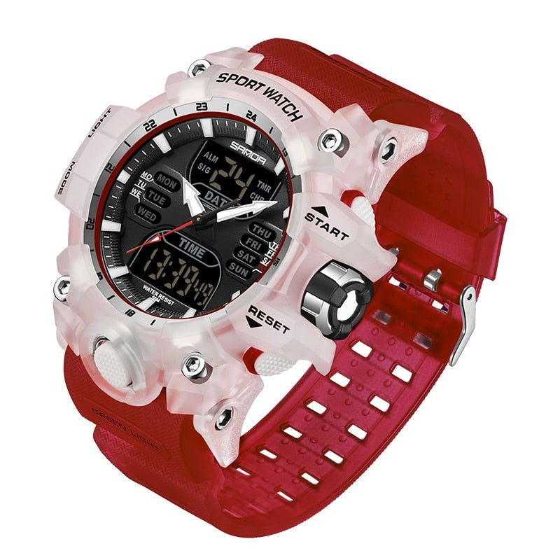 Moderne Herren-Sportuhr mit LED-Display, wasserdicht, in Grau, ideal für Fitness-Tracking und stilvolle Abenteurer.