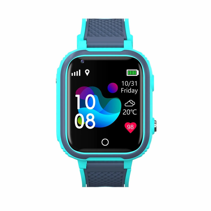 "Moderne Kinder-Smartwatch mit blauem Silikonarmband, 4G-Konnektivität, GPS-Tracking und wasserdichtem Design für Sicherheit.