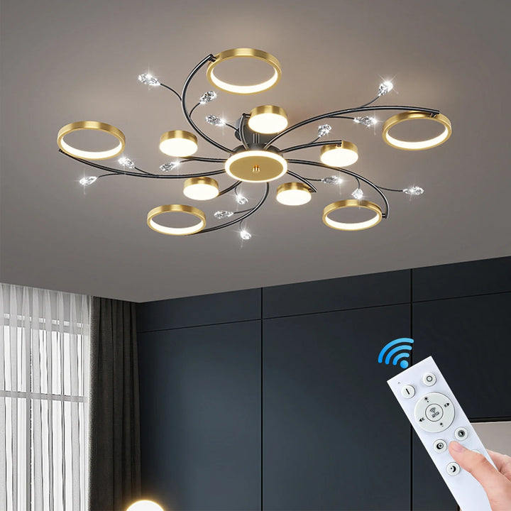 "Moderne LED-Deckenleuchte, dimmbar, in elegantem Gold-Schwarz, für stilvolles Ambiente in Schlafzimmer und Esszimmer."