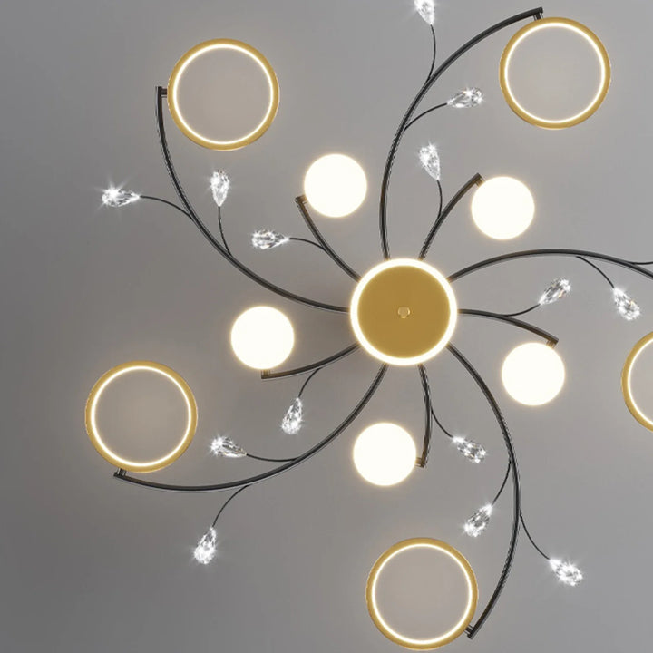 "Moderne LED-Deckenleuchte, dimmbar, in elegantem Gold-Schwarz, für stilvolles Ambiente in Schlafzimmer und Esszimmer."