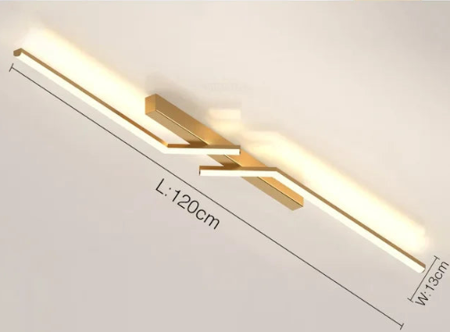 "Moderne LED-Deckenleuchte, minimalistisch, schwarze & goldene Linien, energieeffizient, ideal für Wohn- & Esszimmer."