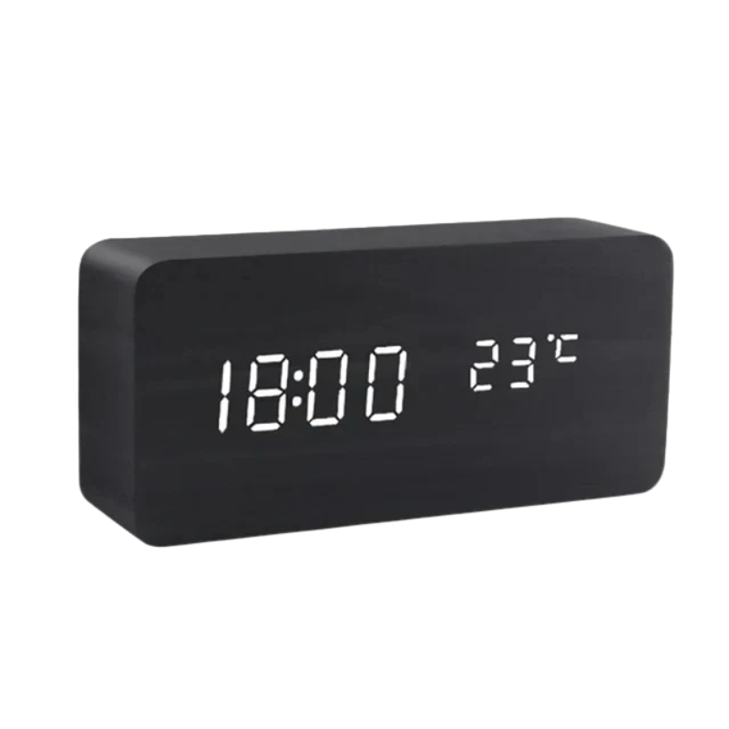 "Moderne LED-Holzuhr mit sprachgesteuerter Funktion, klarem Display und elegantem Holzdesign für stilvollen Wohnbereich."