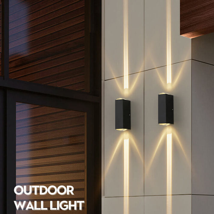 "Moderne schwarze LED-Außenwandleuchte, wetterfest, rechteckiges Design, elegantes, warmes Licht für Terrassenbeleuchtung."