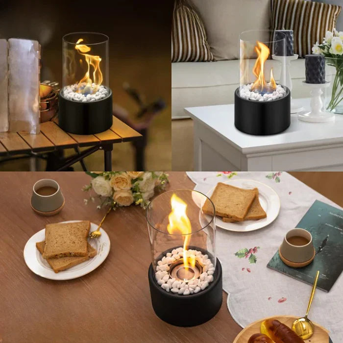 "Moderne, tragbare Tischfeuer Laterne, wetterfest, stilvoller Stahl & Glas, für gemütliche Innen- und Außengestaltung."