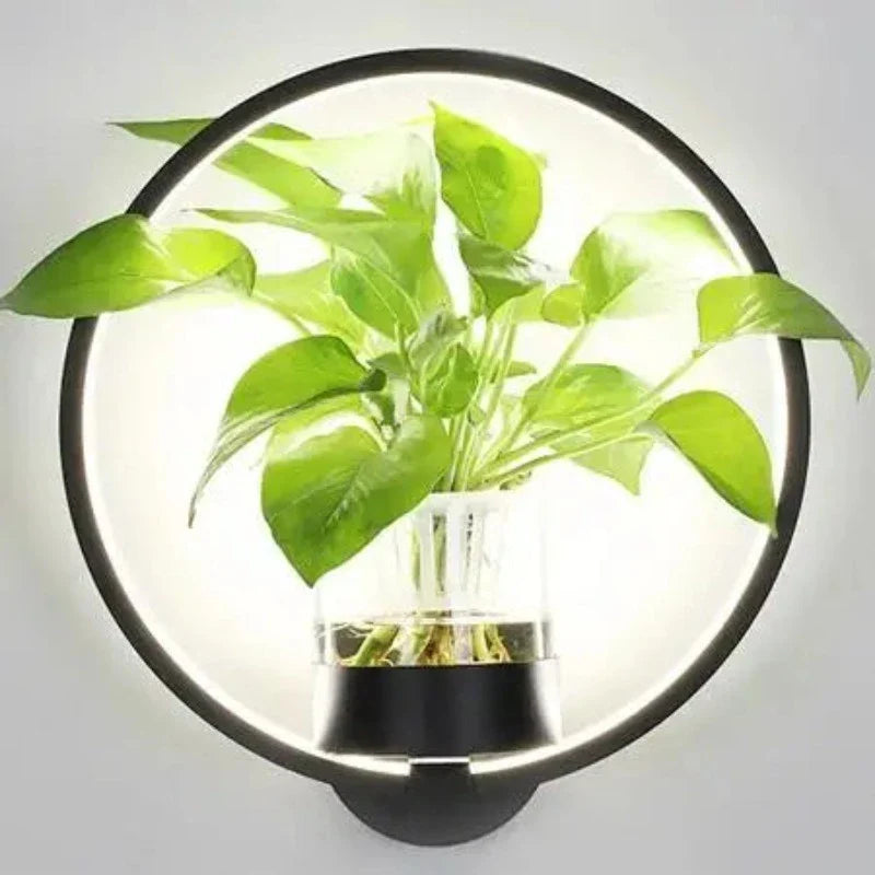 "Moderne Wandleuchte mit Glas und Eisen, integriertem Pflanzgefäß, ideal für Wohnzimmer und Büros, stilvolles Design."