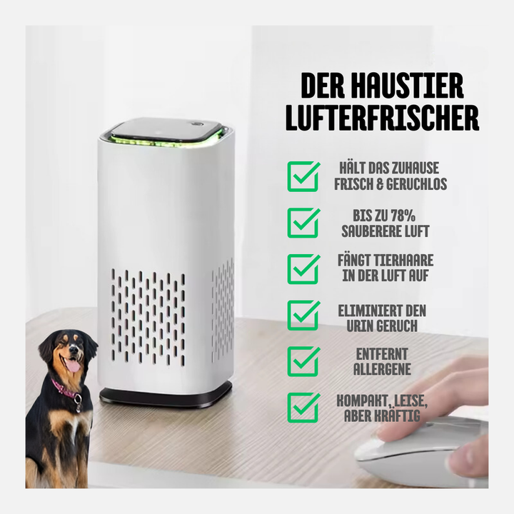 Moderner Haustier-Lufterfrischer, kompakt und stilvoll, mit LED-Farbwahl, ideal für saubere Luft im Tierhaushalt.