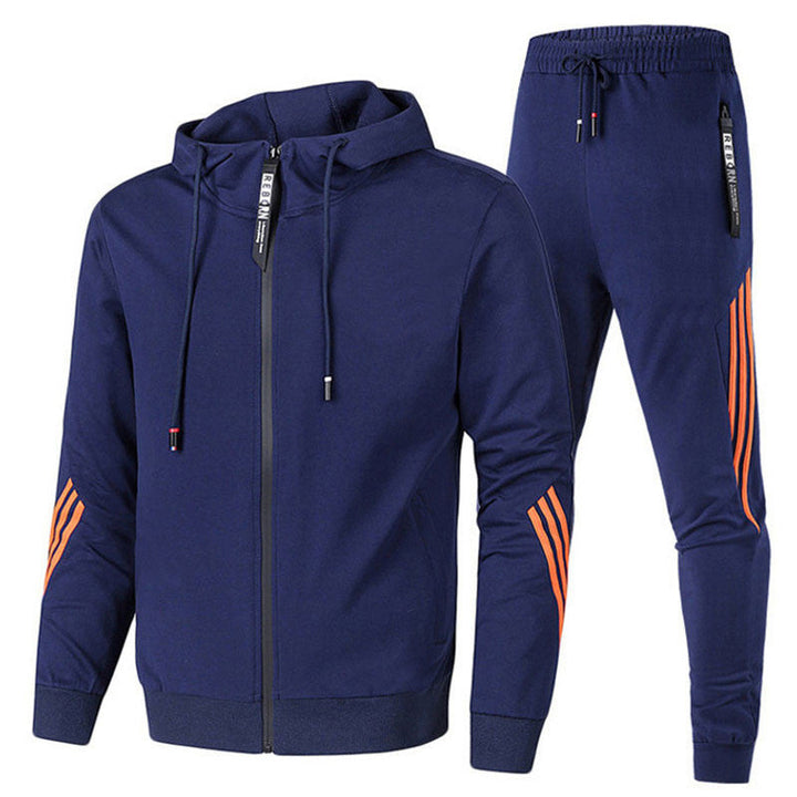 Moderner Herren Trainingsanzug, dunkel, aus hochwertigem Material für Komfort und Stil, ideal für Sport und Freizeit.