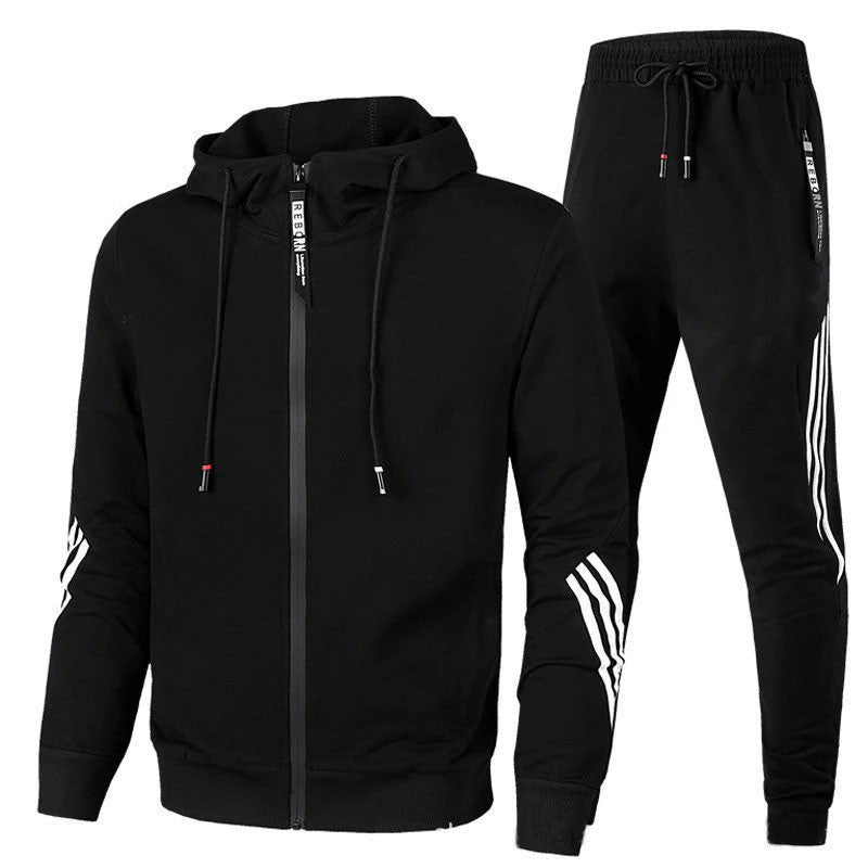 Moderner Herren Trainingsanzug, dunkel, aus hochwertigem Material für Komfort und Stil, ideal für Sport und Freizeit.