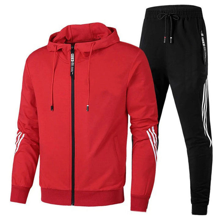 Moderner Herren Trainingsanzug, dunkel, aus hochwertigem Material für Komfort und Stil, ideal für Sport und Freizeit.