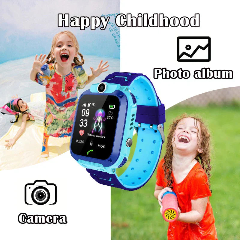 "Moderner Kinder-GPS-Uhr mit blau-lila Armband, Echtzeitverfolgung, Telefonfunktion und Sicherheitszonen."