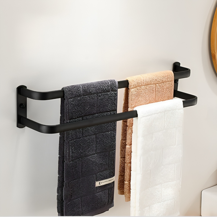 "Moderner, schwarzer Handtuchhalter ohne Bohren mit Haken, ideal für stilvolle Badezimmerorganisation und zusätzlichen Staura