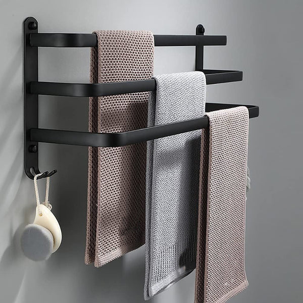 "Moderner, schwarzer Handtuchhalter ohne Bohren mit Haken, ideal für stilvolle Badezimmerorganisation und zusätzlichen Staura