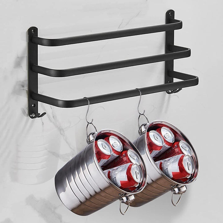 "Moderner, schwarzer Handtuchhalter ohne Bohren mit Haken, ideal für stilvolle Badezimmerorganisation und zusätzlichen Staura