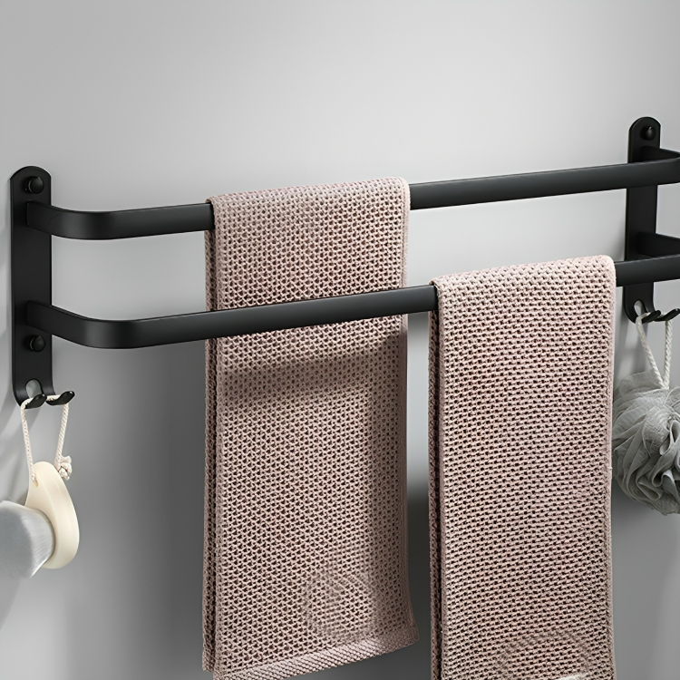 "Moderner, schwarzer Handtuchhalter ohne Bohren mit Haken, ideal für stilvolle Badezimmerorganisation und zusätzlichen Staura