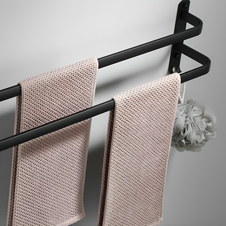 "Moderner, schwarzer Handtuchhalter ohne Bohren mit Haken, ideal für stilvolle Badezimmerorganisation und zusätzlichen Staura