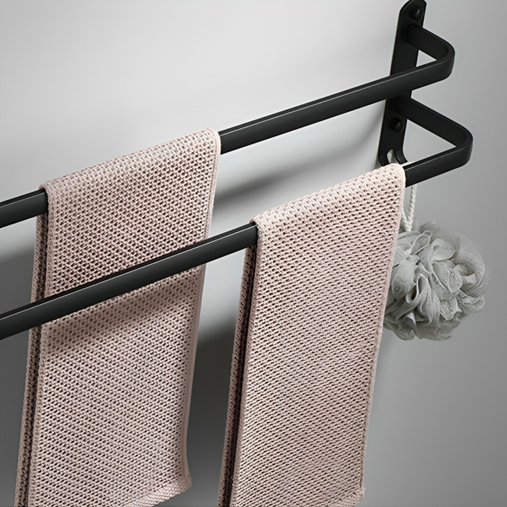 "Moderner, schwarzer Handtuchhalter ohne Bohren mit Haken, ideal für stilvolle Badezimmerorganisation und zusätzlichen Staura