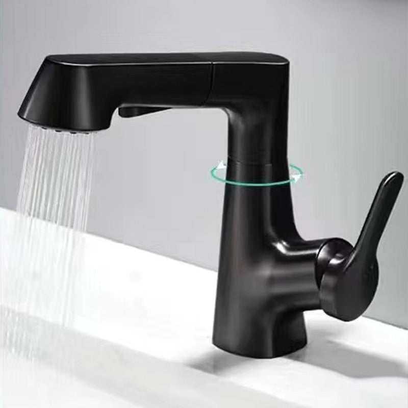 Moderner Wasserhahn mit herausziehbarem Sprühkopf, 1-Loch-Design, drehbarer Auslauf, glänzendes Finish für Bad.
